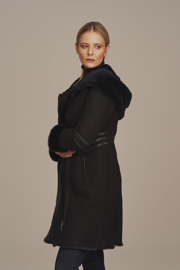 Palton pentru femei din piele de oaie naturală, bleumarin, cu glugă