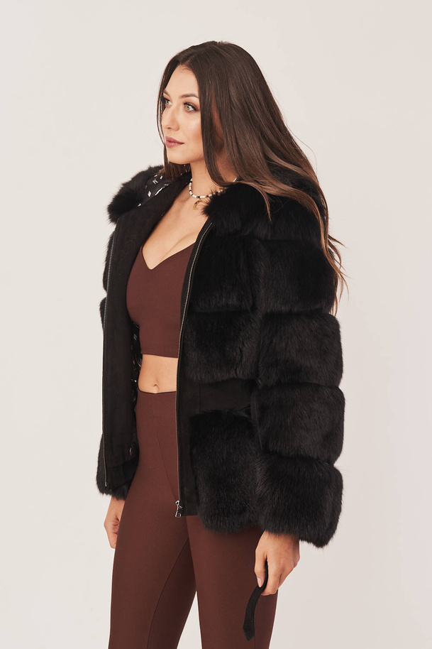 Jachetă elegantă de damă din blană de vulpe neagră și piele naturală