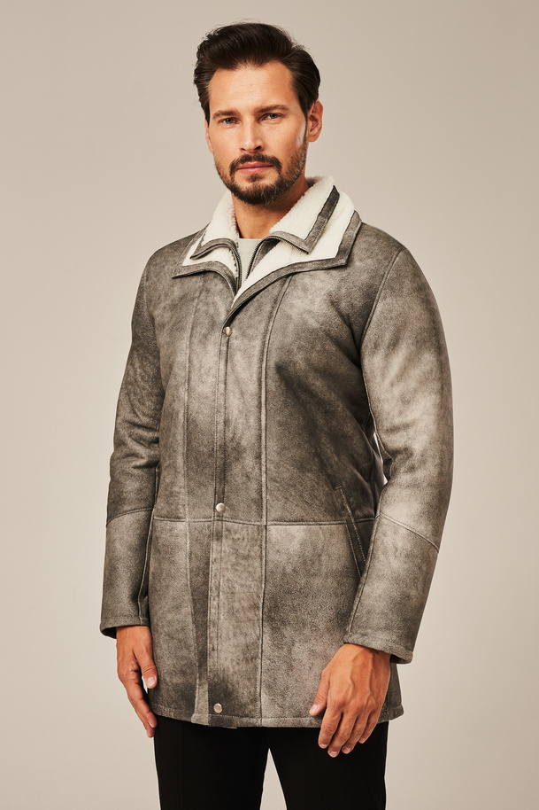 Palton bărbătesc lung din piele de miel naturală – model de iarnă în nuanțe de gri