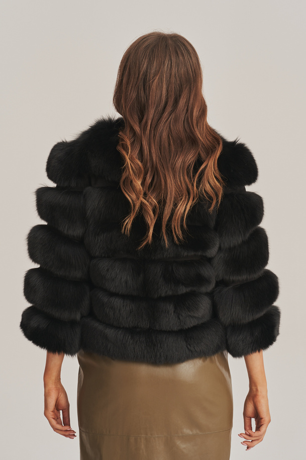 Haină de blană elegantă pentru femei, din blană naturală de vulpe și piele naturală de miel neagră