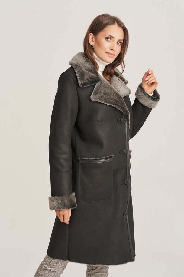 Cojoc damă din piele naturală, lungime până la genunchi, negru cu blană gri deschis