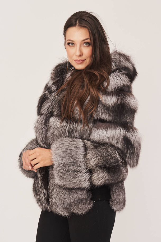 Jachetă elegantă de damă din blană de vulpe argintie cu glugă 
