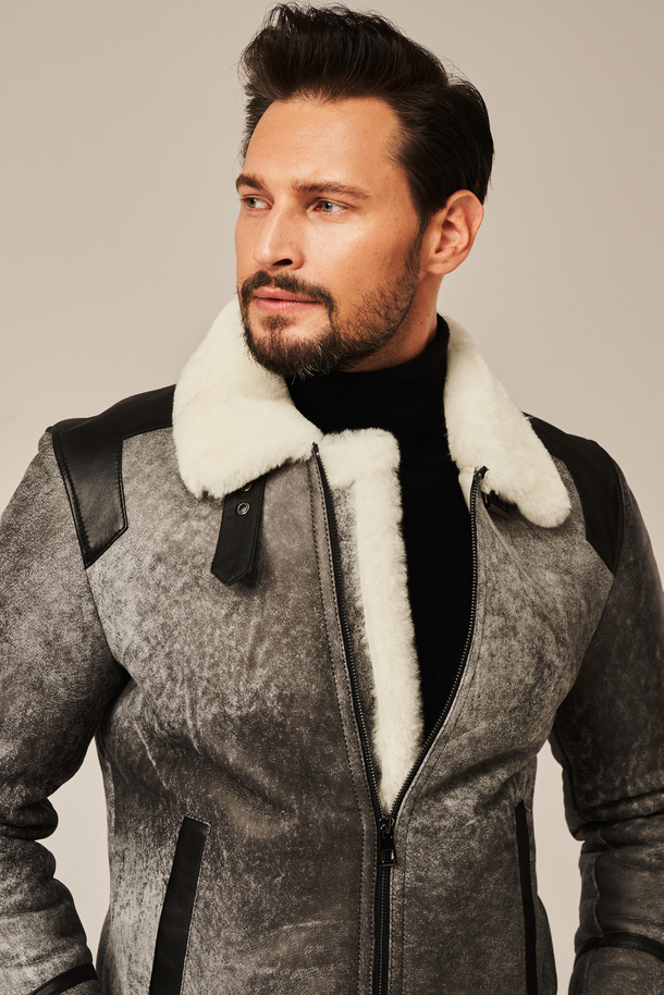 Jachetă de iarnă din piele de oaie pentru bărbați, gri – stil aviator cu blană naturală