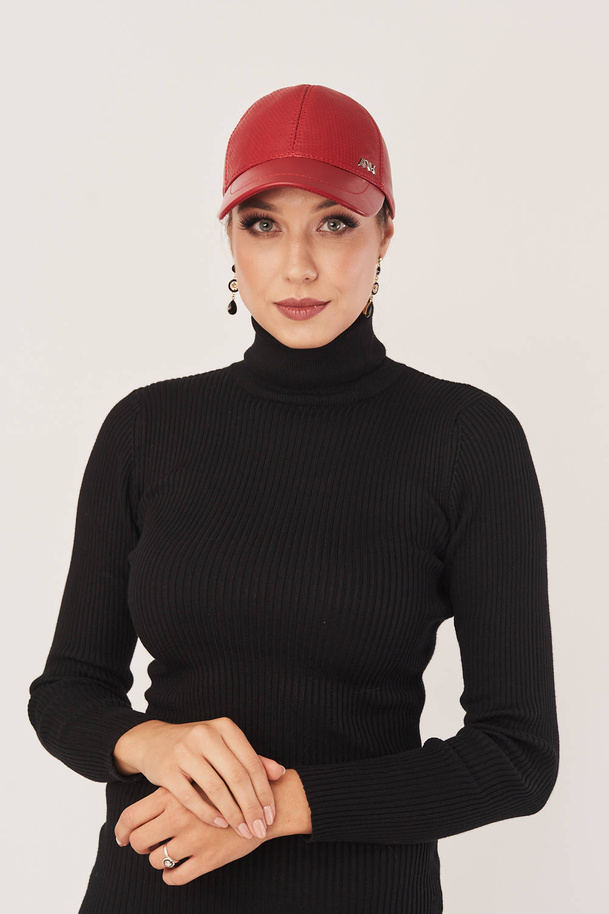 Șapcă damă cu vizieră din piele naturală roșie