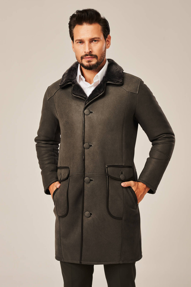 Palton bărbătesc din piele de miel naturală – lung, gri