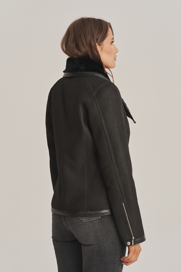 Haină de damă din piele de oaie, neagră, stil aviator