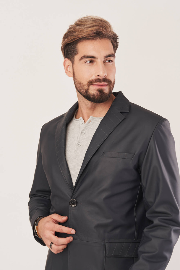Sacou bărbătesc din piele naturală de miel – grafit închis