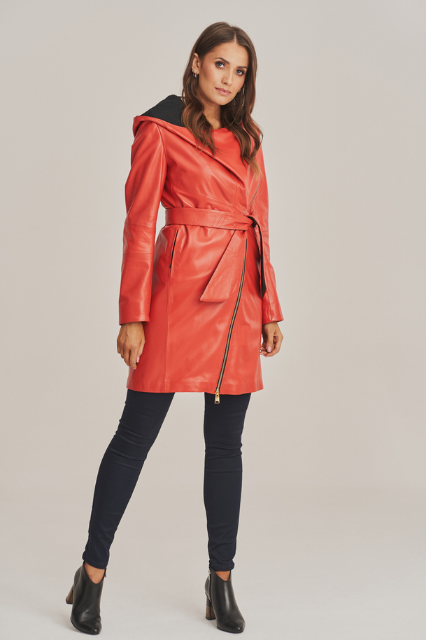 Palton de damă din piele naturală eleganță coral