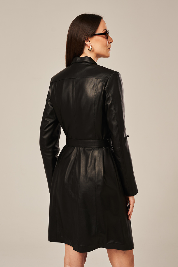 Trenci damă din piele naturală neagră | Palton piele damă elegant primăvară-toamnă