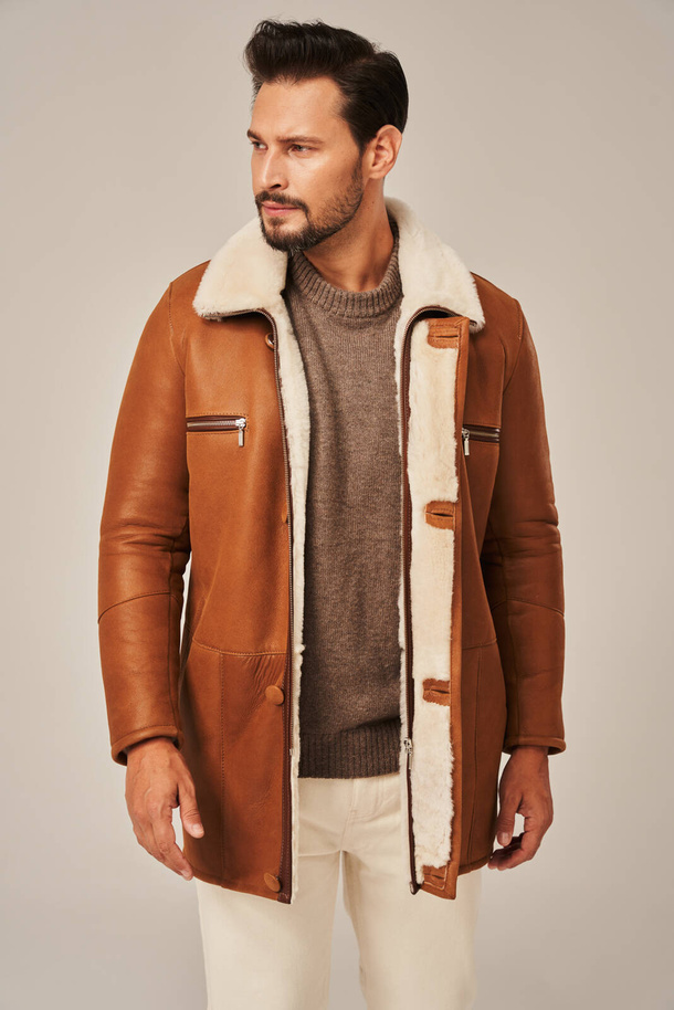 Palton bărbătesc lung de iarnă, culoare roșcată, din piele naturală de miel