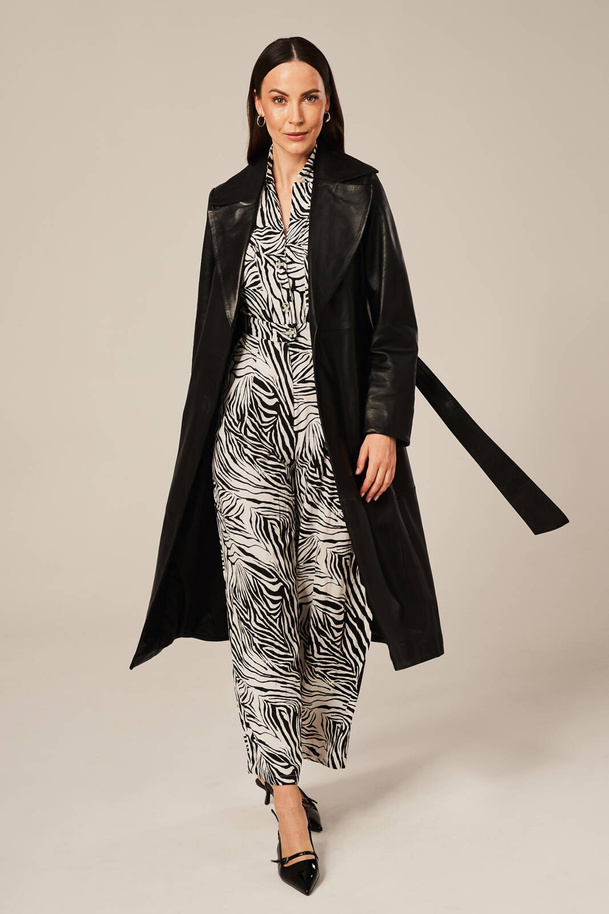 Palton damă din piele naturală neagră | Elegant, lung peste genunchi