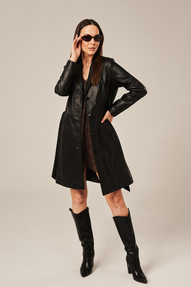 Trenci damă din piele naturală neagră | Palton piele damă elegant primăvară-toamnă