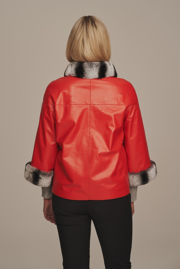 Geacă de piele femei cu blană coral