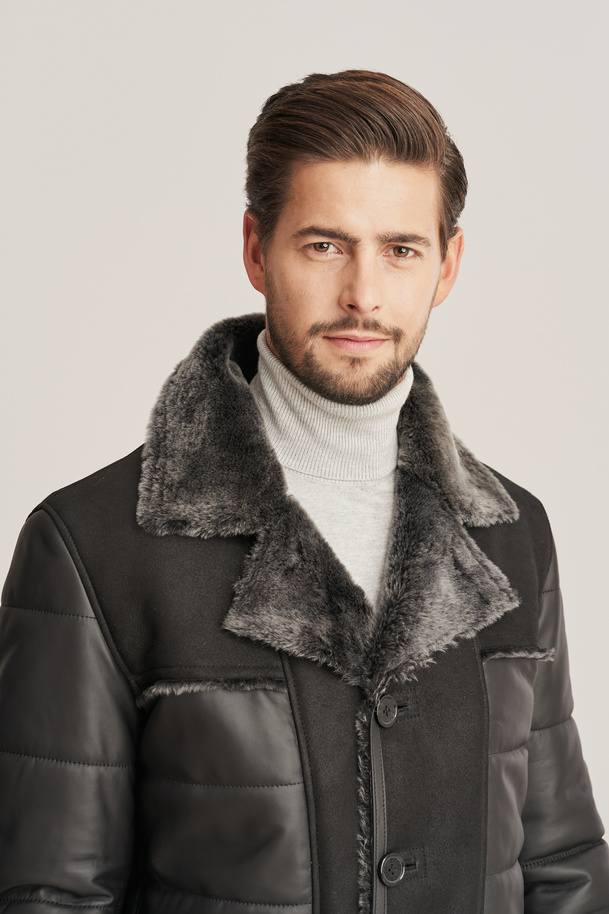 Geacă stilată de iarnă pentru bărbați – piele naturală de miel, neagră