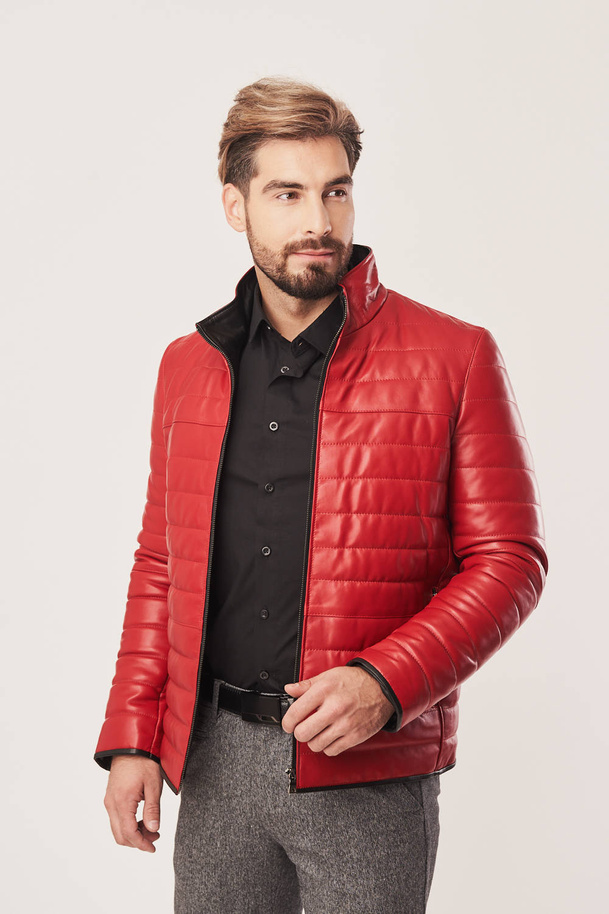 Geacă bărbătească din piele naturală roșu închis – model puf cu căptușeală pentru toamnă