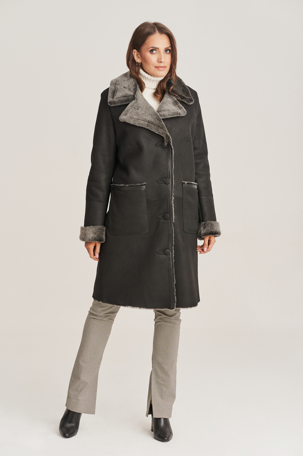 Cojoc damă din piele naturală, lungime până la genunchi, negru cu blană gri deschis