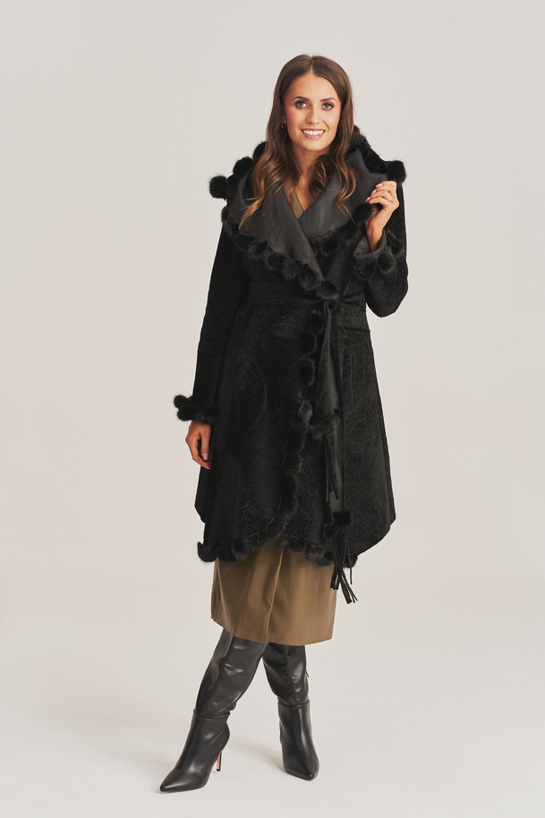 Palton elegant de iarnă pentru femei din lână cu blană negru