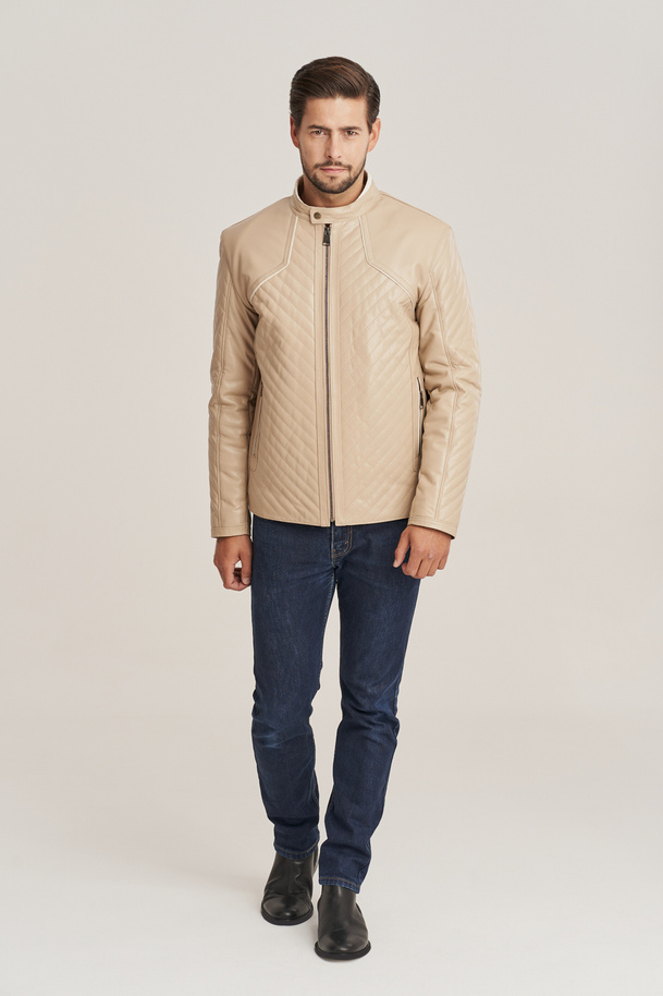 Geacă de piele bărbătească bej din piele naturală de miel – stil casual premium