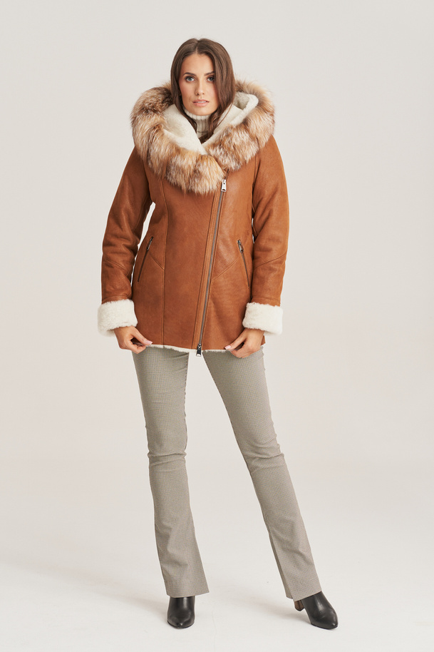 Jachetă scurtă de blană pentru femei, culoare maro, din piele naturală de miel cu glugă și blană de vulpe
