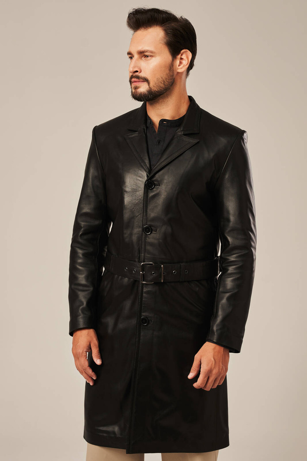 Palton elegant bărbătesc din piele naturală neagră