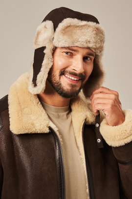 Căciulă pilot bărbați din piele maro – căciulă din piele naturală cu blană de miel, stil militar