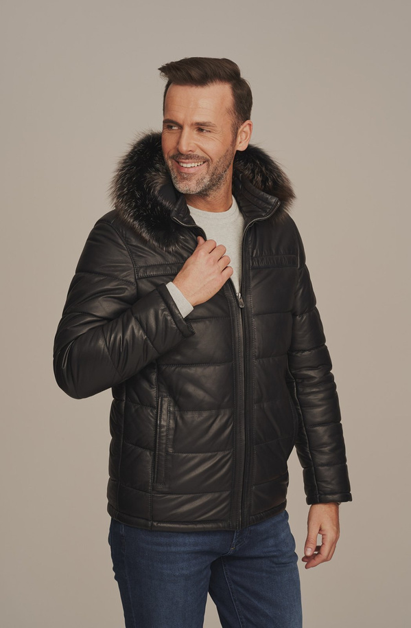 Geacă de piele bărbați neagră pentru iarnă cu glugă și blană de vulpe