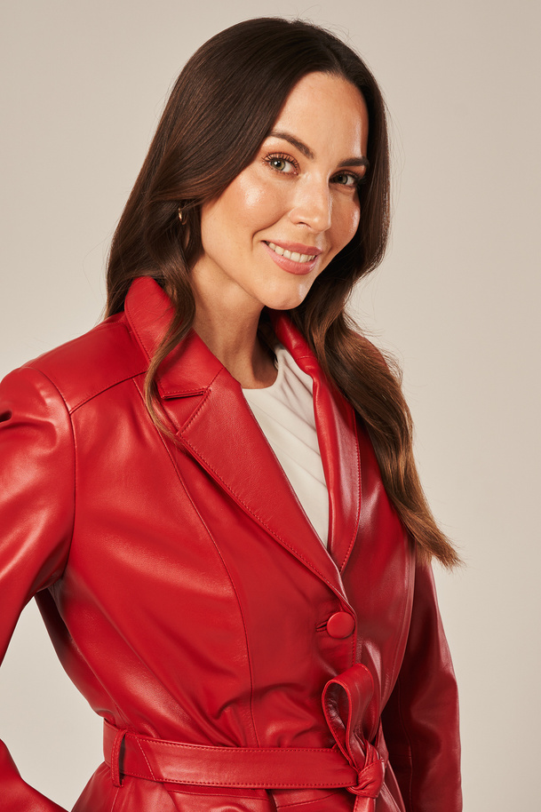 Palton roșu clasic de damă din piele naturală de miel