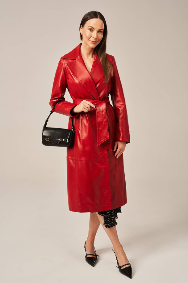 Palton damă roșu din piele naturală de miel, lung până la genunchi