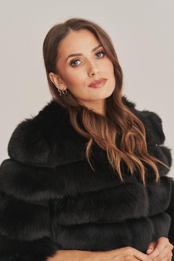 Haină de blană elegantă pentru femei, din blană naturală de vulpe și piele naturală de miel neagră