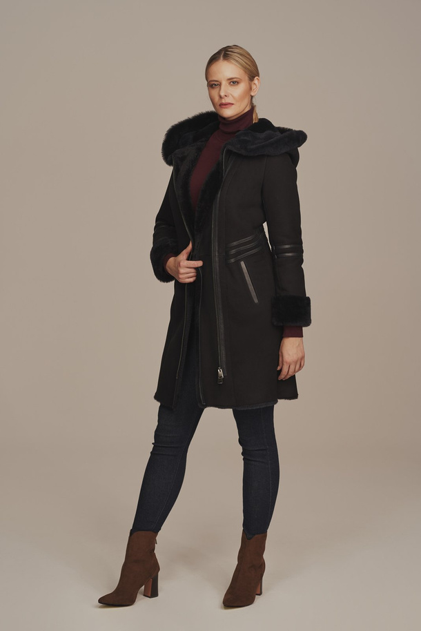 Palton pentru femei din piele de oaie naturală, bleumarin, cu glugă