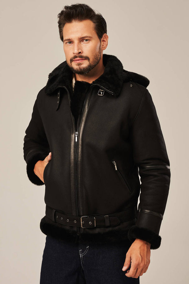 Geacă bărbătească neagră din piele naturală de miel cu glugă 