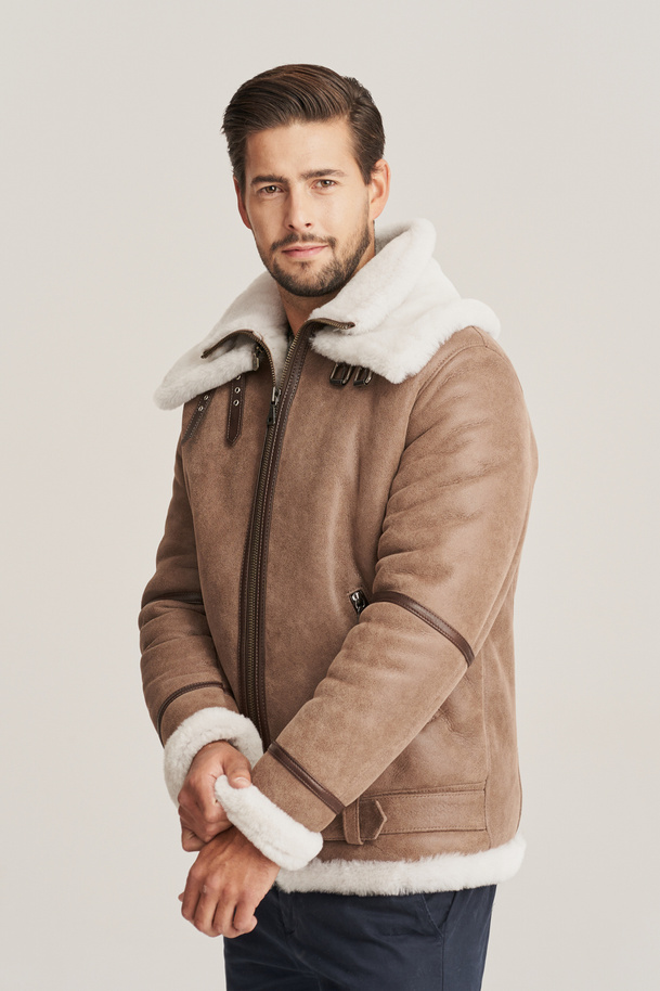 Geacă pilot bărbătească de iarnă – din piele naturală de miel, stil aviator, culoare bej