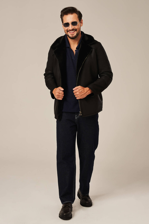 Haină naturală de blană pentru bărbați, neagră clasică – palton călduros și elegant