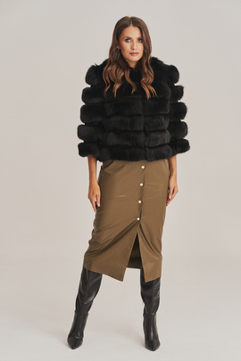 Haină de blană elegantă pentru femei, din blană naturală de vulpe și piele naturală de miel neagră