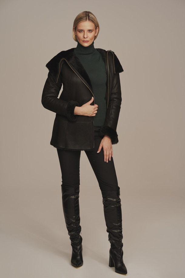 Cojoc damă negru cu glugă, din piele naturală de miel