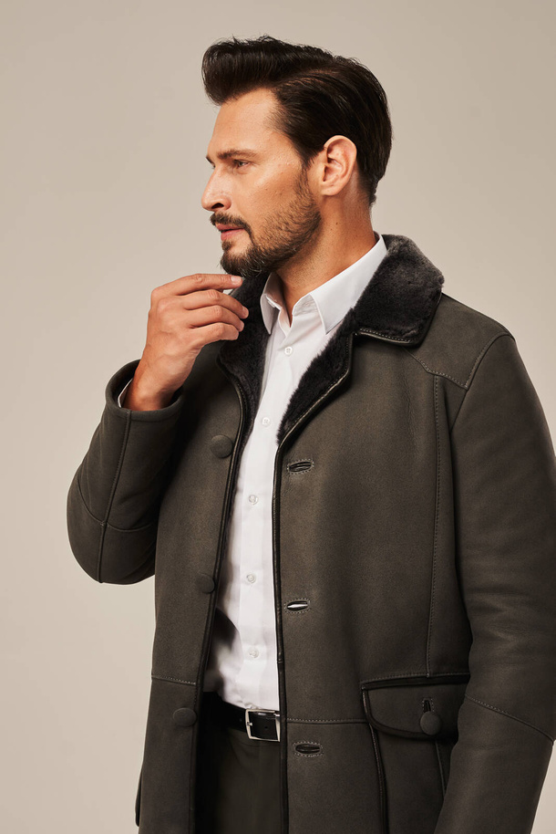 Palton bărbătesc din piele de miel naturală – lung, gri
