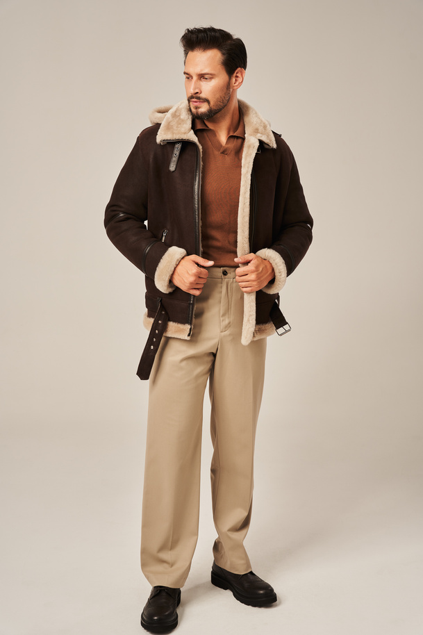 Haină bărbătească de iarnă din piele de oaie cu glugă, maro