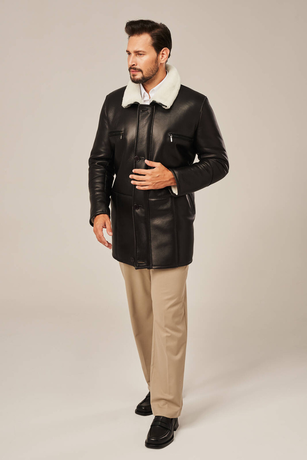 Palton bărbătesc din piele naturală cu blană – negru