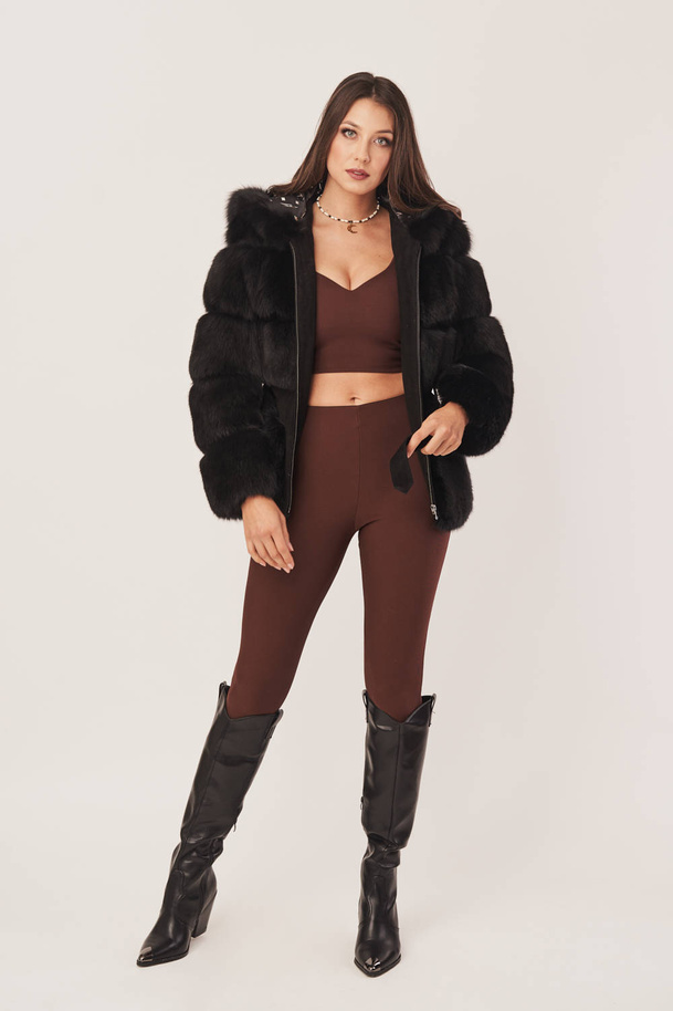 Jachetă elegantă de damă din blană de vulpe neagră și piele naturală