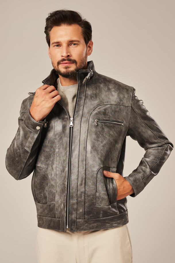 Geacă de piele bărbătească gri