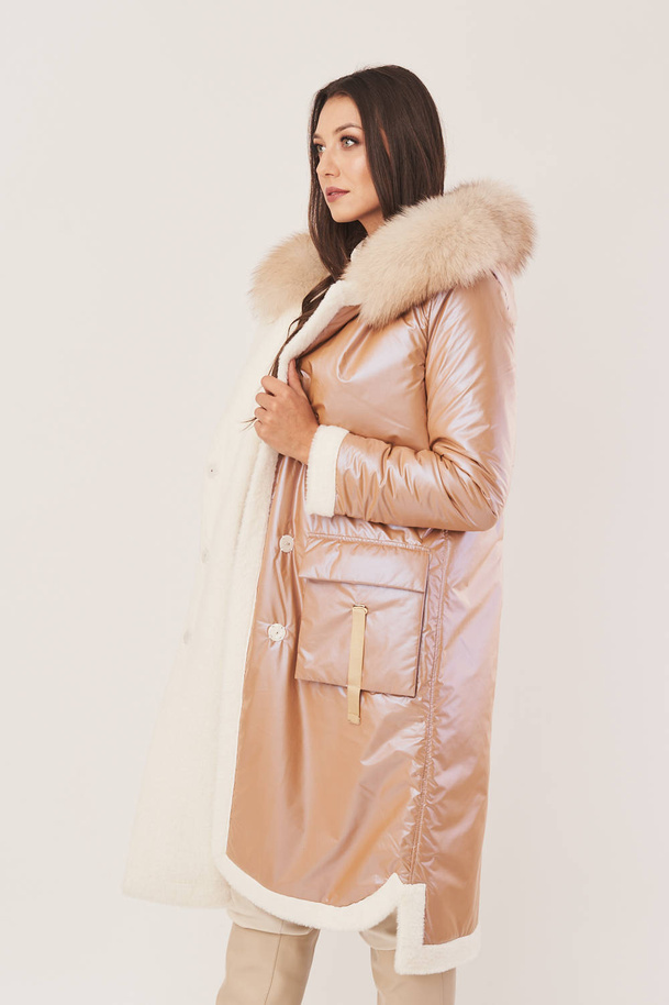 Palton reversibil de damă din puf cu blană naturală de alpaca 