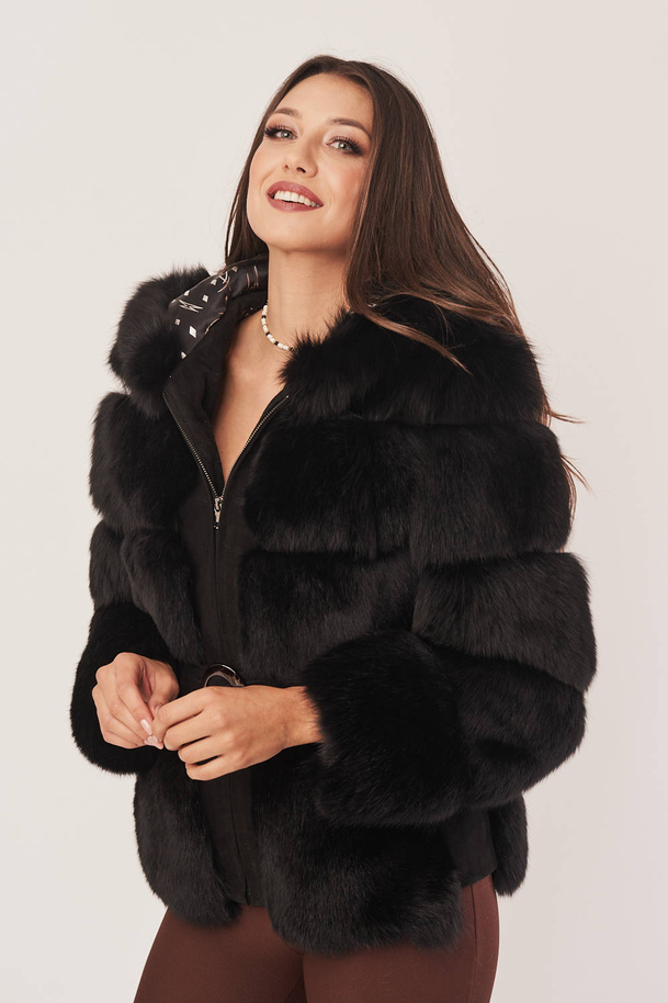 Jachetă elegantă de damă din blană de vulpe neagră și piele naturală