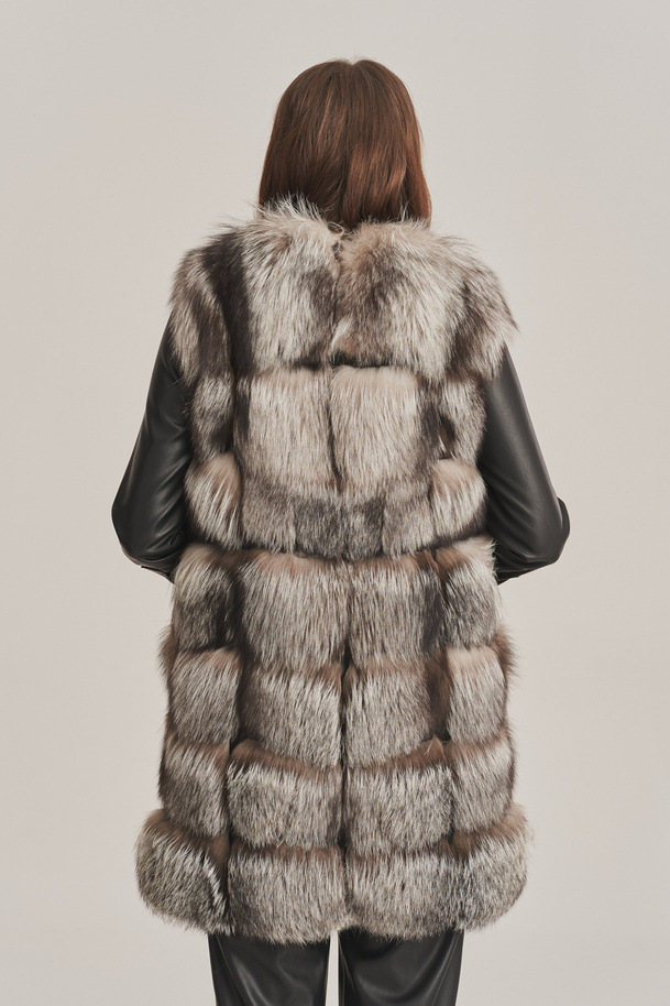 Vestă de blană pentru femei din blană naturală de vulpe argintie cu piele naturală neagră – vestă elegantă de blană