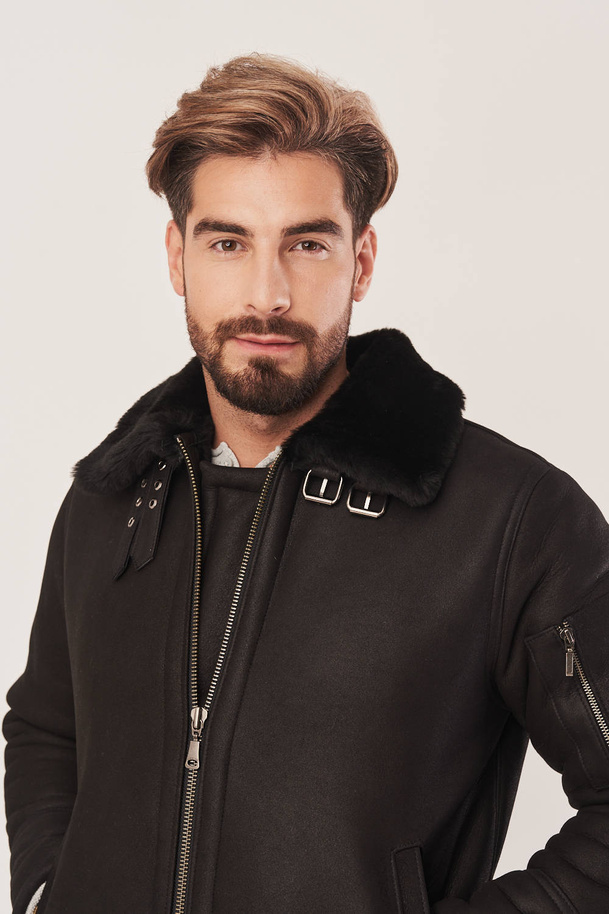 Geacă pilot bărbătească de iarnă neagră din piele naturală de miel