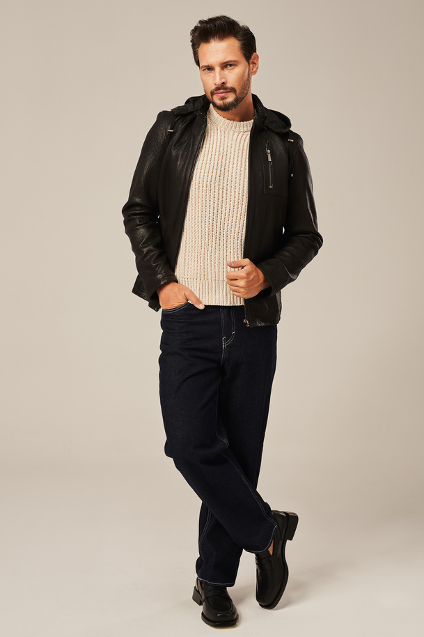 Geacă scurtă din piele naturală pentru bărbați, culoare neagră