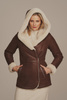 Haină de damă din piele de oaie naturală - maro, cu glugă largă