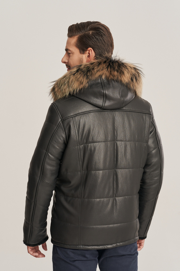 Geacă de iarnă din piele naturală pentru bărbați cu glugă și blană