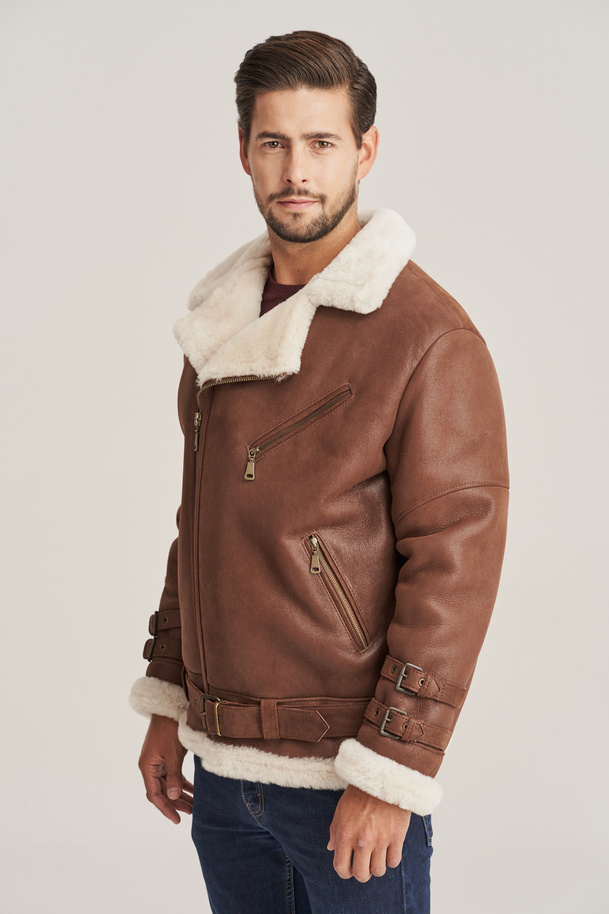 Haină bărbătească maro din piele de miel – geacă de iarnă călduroasă și stilată