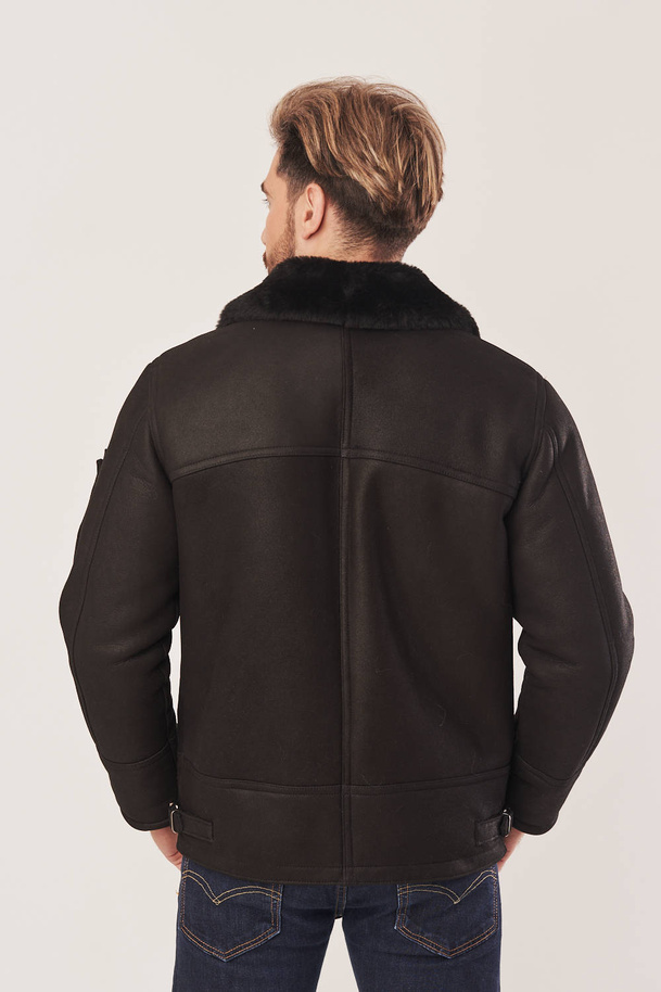 Geacă pilot bărbătească de iarnă neagră din piele naturală de miel