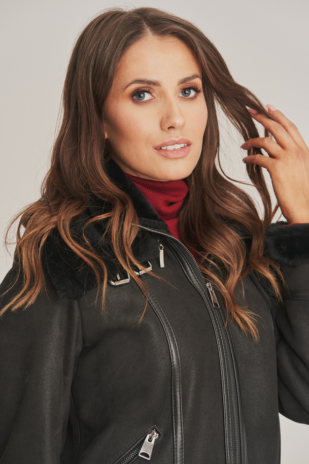 Haină de iarnă din piele de oaie pentru femei, stil biker